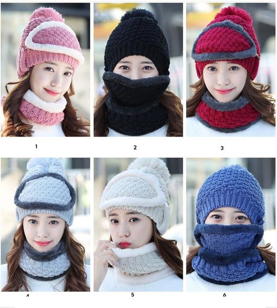 Melhor estilo mulheres inverno quente beanie knit crotch hat lenços conjunto de máscara de moda bonito lady boutique caps para adulto atacado