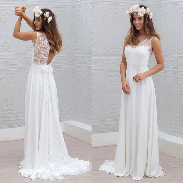 

Cheap Beach Wedding Dress Floor Length A-Line Chiffon V-Neck Bohemian Country Wedding Dresses Bridal Gowns 2018 Lace Boho Robe De Mariee