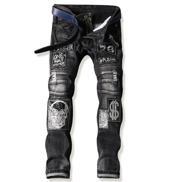

2018 new men distressed jeans summer jeans men skinny rock ripped black skull patchwork homme, Blue