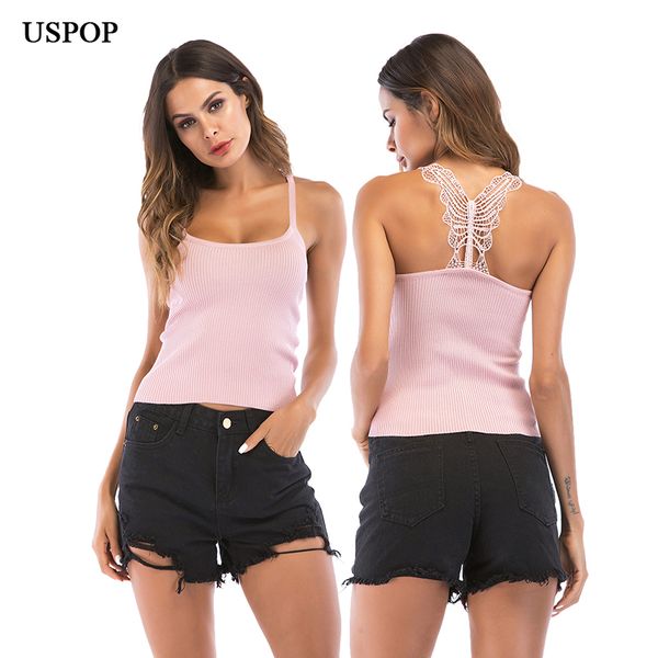 

uspop 2018 new women summer short knitted back hook flower butterfly solid color lace camis knit sleeveless top, White