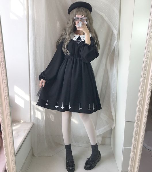 

harajuku street fashion cross cosplay female dress japanese soft sister gothic style star tulle dress lolita cute girl dresses, White;black