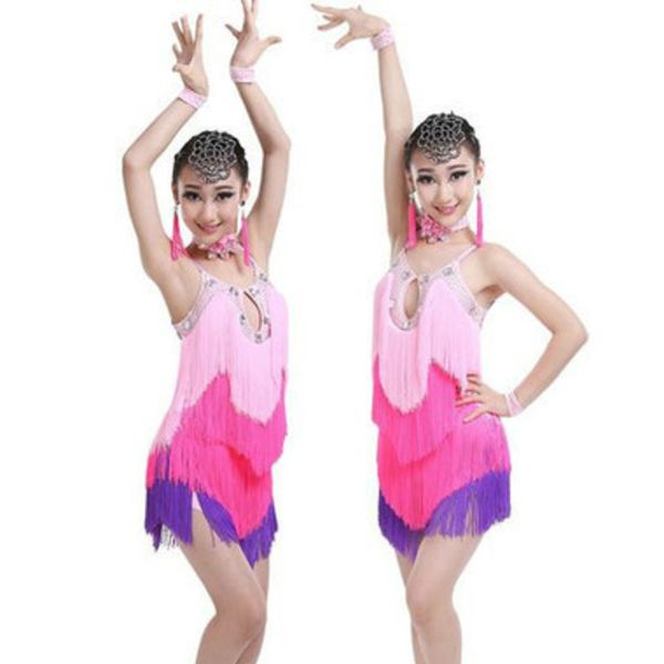 

tassel latin dance dress for girls salsa spandex rumba tango children ballroom dresses for kids samba competition fringe cha cha, Black;red