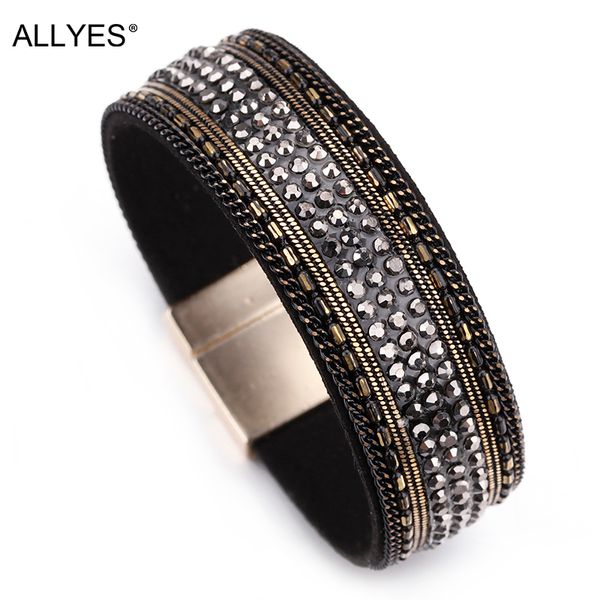 

allyes black leather bracelets for women trendy alloy magnet clasp rhinestone crystal bohemian wide cuff bracelet femme jewelry, White