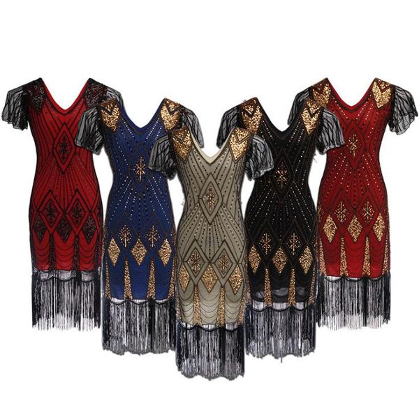 

stage wear factory wholesale women vintage 1920s dresses floary beaded flapper dress with sleeves gatsby show costume, Black;red