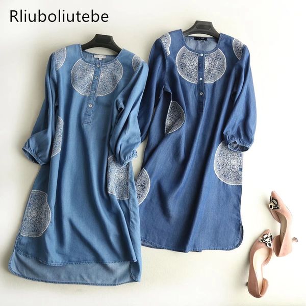 

2018 embroidered women soft jeans dress loose blue light blue button long sleeve tencel denim shirt dress spring summer vestido, White;black