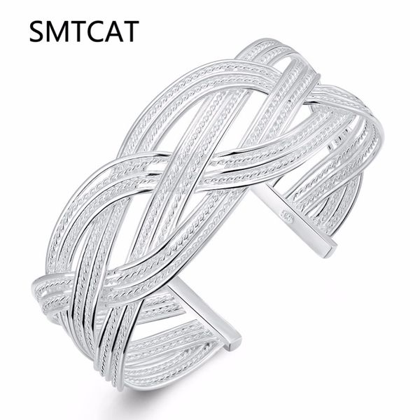 

smtcat new silver color 925 jewelry bracelet simple geometric cross twist hollow out fashion bracelets wholesale gift for women, Black