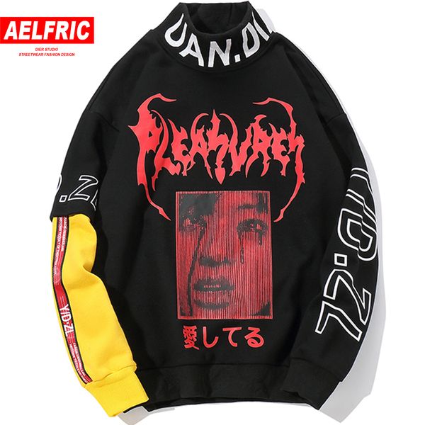 

aelfric turtleneck thick hoodies sweatshirts men winter warm hip hop 3d girls print color block hoodie casual streetwear kj197, Black