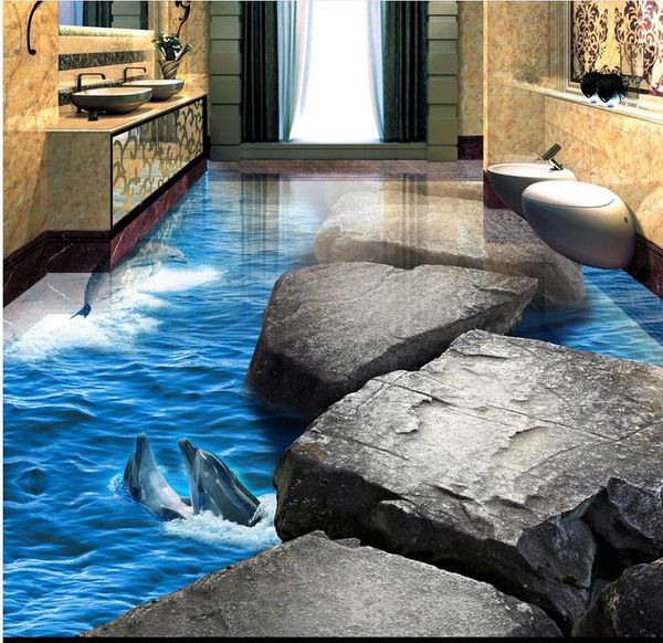 Pvc vinil döşeme fayans Taş Yol Yunus Okyanus Dünyası 3D üç boyutlu banyo yer karoları