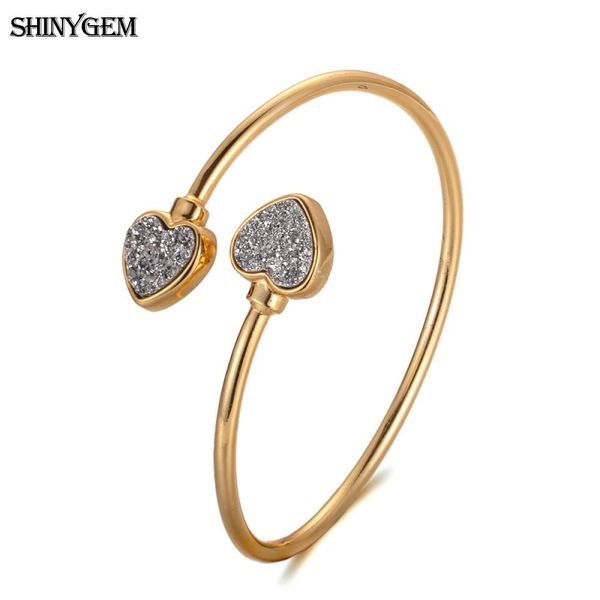 

shinygem pure gold plating druzy bangle bracelets heart shape colorful natural druzy crystal bangles open cuff bangles for women, Black