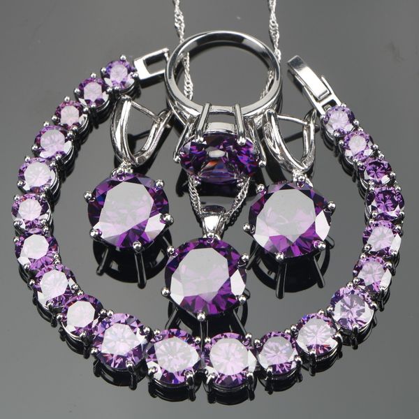 

whole salewedding purple zircon silver 925 jewelry sets bracelets earrings with stones pendant&necklace rings set jewellery gift box, Slivery;golden