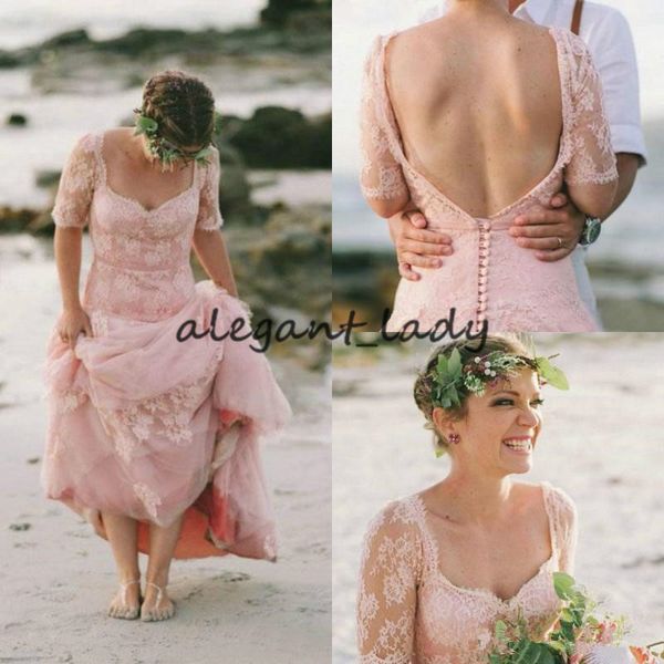 

vintage blush pink beach wedding dresses 2019 modest backless short sleeve full length lace bohemian country birdal wedding gown, White