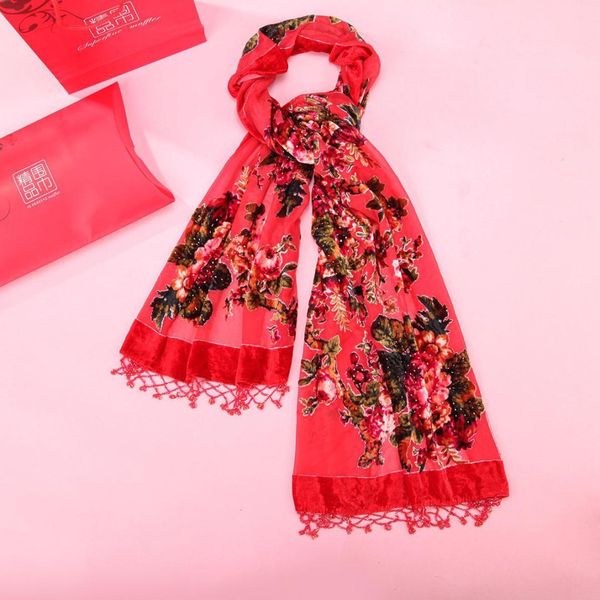 

fashion red print flower cape spring women soft scarves handmade beads shawls islam hijab velvet silk muffler scarf stole chal
