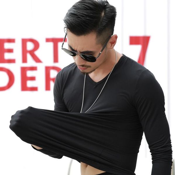 

men's long-sleeved solid color t-shirt v-neck t-shirt designer solid color men's long-sleeved t-shirt autumn and winter casual bot, White;black