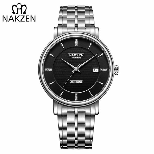 

nakzen men business wristwatch diamond watch automatic mechanical male watches clock relogio masculino miyota 9015, Slivery;brown