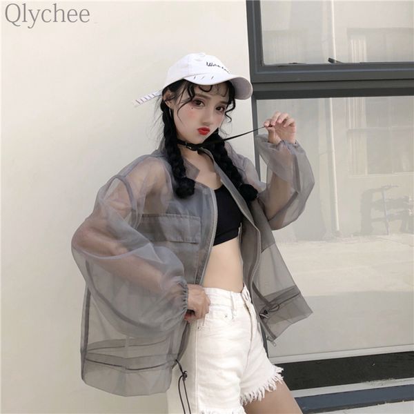 

qlychee transparent lace up sunproof jacket long sleeve pocket zipper coat women summer sunproof streetwear, Black;brown