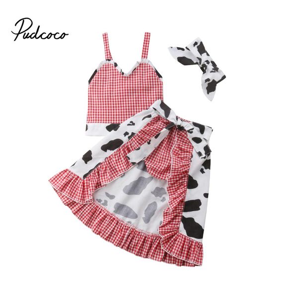 

2018 brand new toddler baby girl cow clothes sets 4pcs sleeveless plaid red belt vest +shorts+skirts+headband outfit 1-5y, White