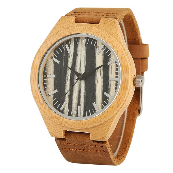 

wooden watches handmade bamboo quartz watch simple design wood watch mens genuine leather strap clock gifts reloj, Slivery;brown