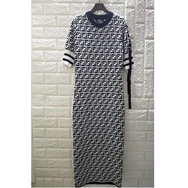 

2019 new women designer knitted dresses double f letter brand long dress women sleeves straps bow short-sleeve lady dress, White;black