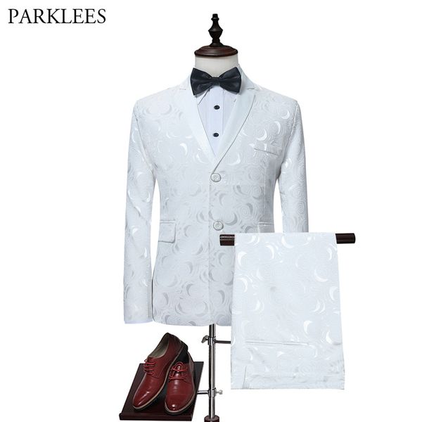 

men's white rose jacquard 2 piece suit (jacket+pants) party wedding groom tuxedo suit men notched lapel business suits blazer, White;black