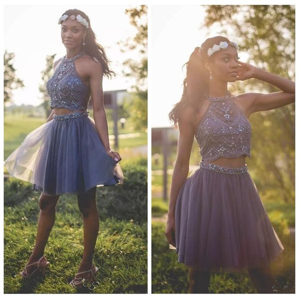 

o-neck two piece lavender homecoming dresses beaded 2021 tulle skirt custom girl pageant prom party gowns beaded crystal, Blue;pink