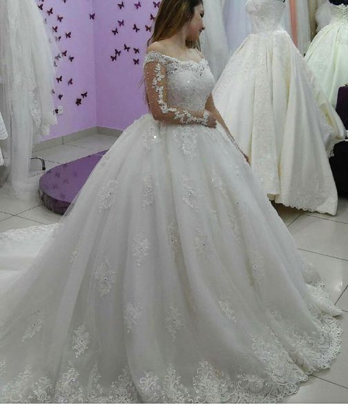 

с плеча бежевый свадебные платья линия кружева аппликация край бусины с длинными рукавами бальное платье осень свадебные платья, White