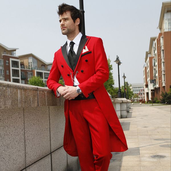 Moda Red Tailcoat Homens Smoking Casamento Estilo Manhã Noivo Desgaste Dos Homens de Alta Qualidade Formal Jantar Prom Suit (Jacket + Pants + Tie + Cinturão) 624