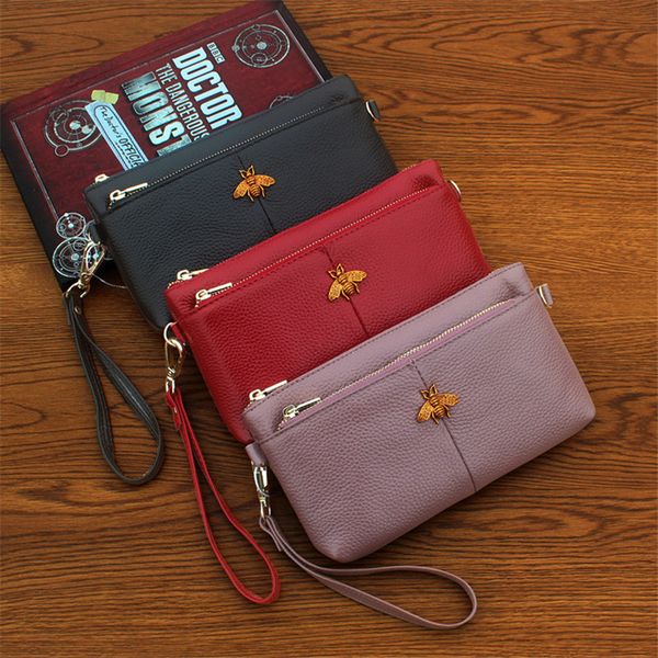

2018 new clutch designer wallet genuine leather little bee explosion purse lady luxury wallet simple mobile phone credit card wallet, Red;black