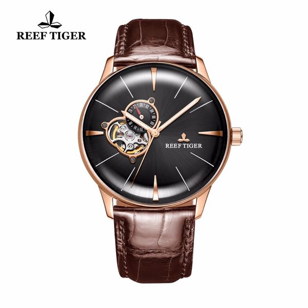

new reef tiger/rt luxury rose gold watches men's automatic watches convex lens leather strap rga8239, Slivery;brown
