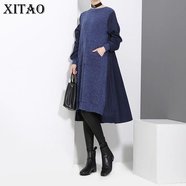 

xitao] 2017 europe women autumn casual patchwork pleated knee-length dress female full sleeve o-neck pullover dress xww1313, White;black