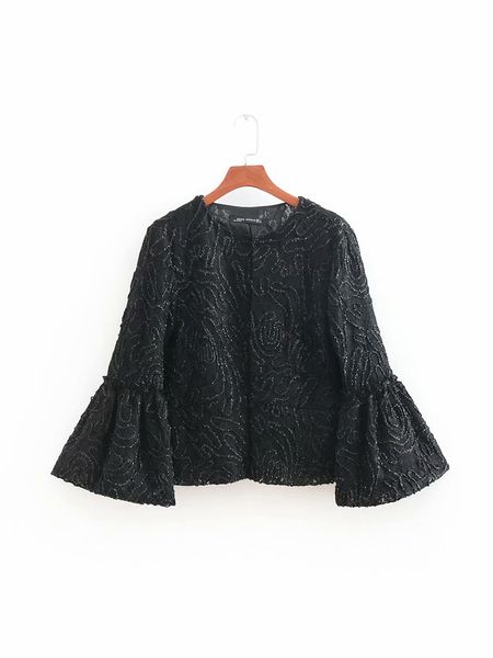 

asds women elegant short style shiny coat long flare sleeve o neck coats black female casual outerwear chic crop 8452, Black;brown