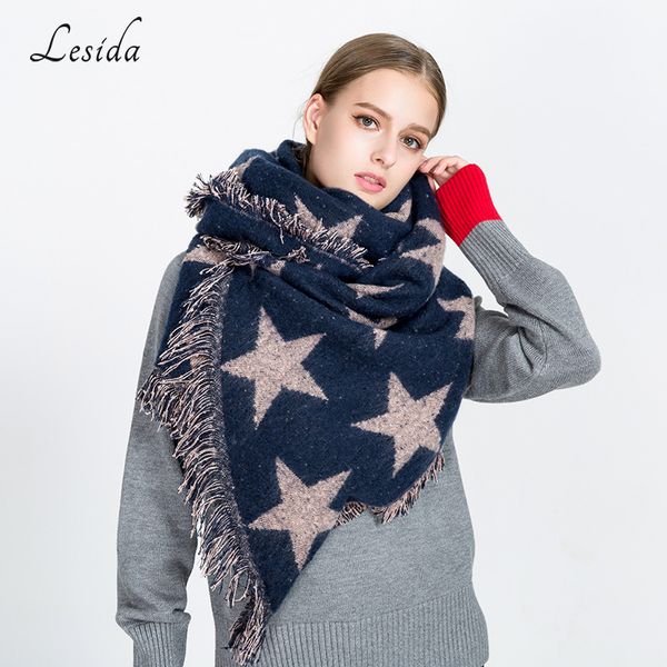 

lesida winter imitation cashmere scarf star print capes ponchos large thick tassel shawl tippet female echarpes 195*70cm 3432, Blue;gray