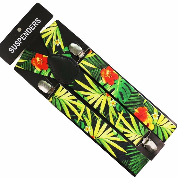 

winfox multicolor tropical flower leaf print clip-on y back elastic suspenders braces for mens women, Black;white