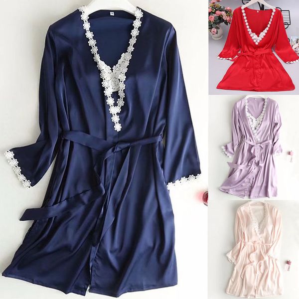 

2018 new style women's lace satin robe kimono dressing gown wedding party bridesmaid sleepwear robes long sleeve, Black;red