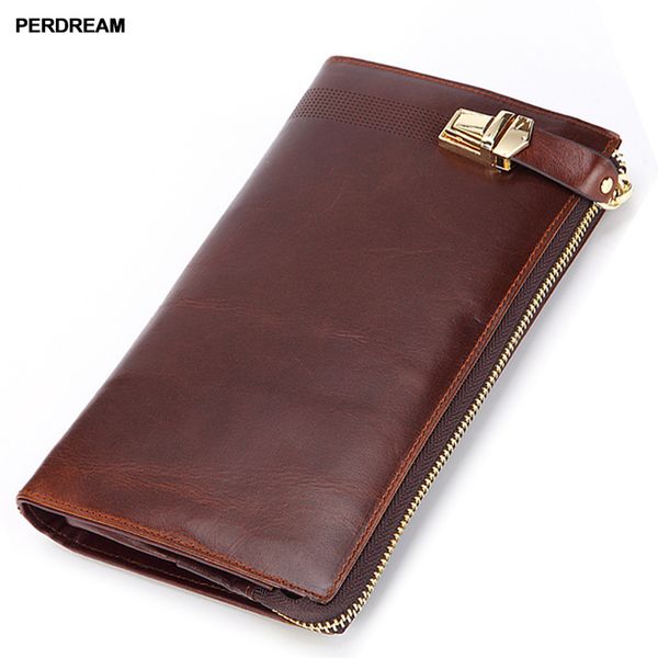 

spot oil wax leather zipper bag men's head long leather retro hand bag cross-border wallet, Red;black