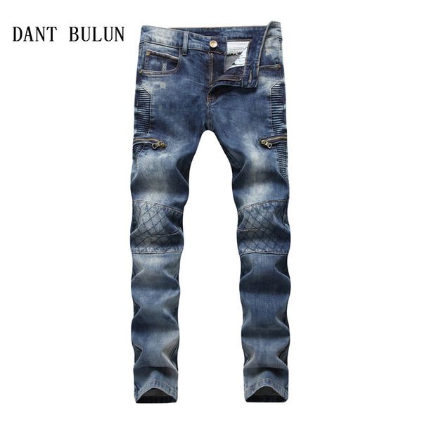 

dant bulun men jeans biker pleated hip hop denim pants with multi zippers slim fit straight distressed motorcycle jeans,py6610, Blue
