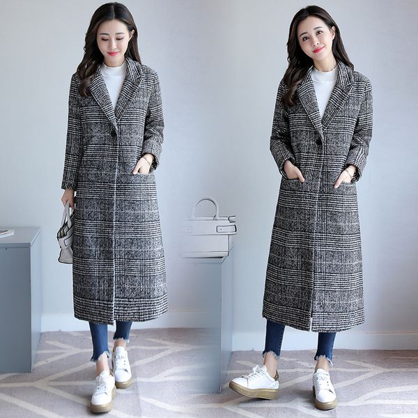 

2018 wool jackets trench wj54 women wool coat plaid women loose long single breasted woolen coats winter coat woolen overcoat, Black