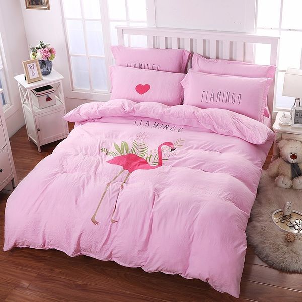 

textiles fashion solid color washed cotton pink flamingo printing style 4pcs bedding sets bedclothes duvet cover set pillowcase