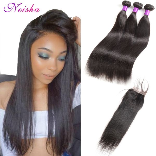 2019 8a Malaysian Straight 3 Bundles With Lace Closure Unprocessed