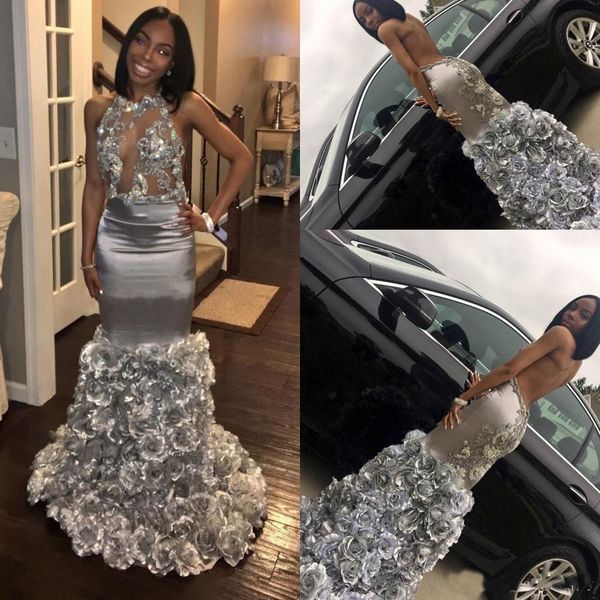 

Sexy African Silver Mermaid Prom Dresses With Rose Flowers Evening Party Dresses Lace Applique Sleeveless Custom Made Formal Gowns