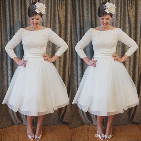 

2019 Короткие Пляж Свадебные платья с длинными рукавами 3/4 Lace Top Линия чай Длина Сад