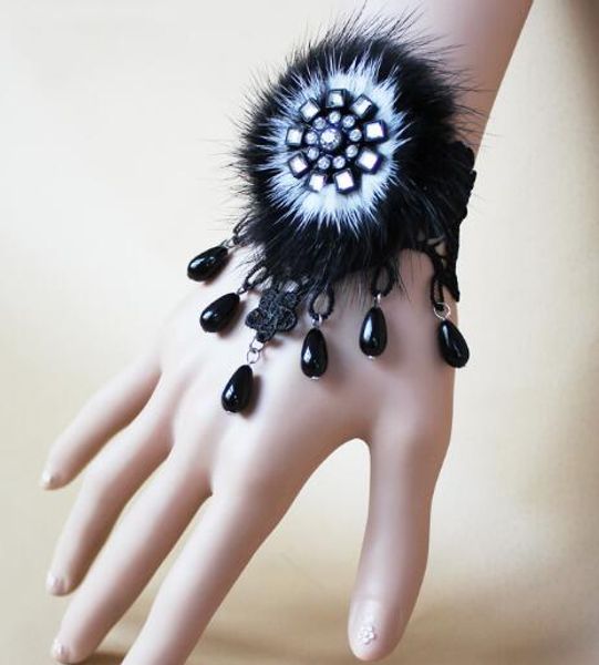 

new fashion new mink hair beaded bracelet black lace bracelet with exaggerated personality wrist band refined classic elegant, Golden;silver