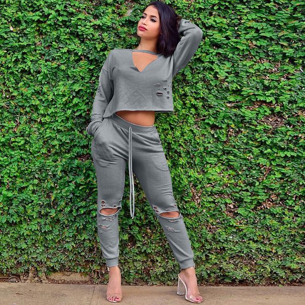 

2018 women autumn casual tracksuit fitness 2 piece set hollow crop t shirt and elastic long pencil pants two piece outfits, Gray
