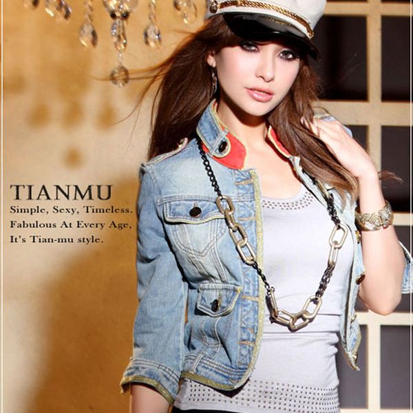 

2016 women's stand collar denim outerwear female spring and autumn short jacket sleeve fifth of the female denim 9252, Black;brown