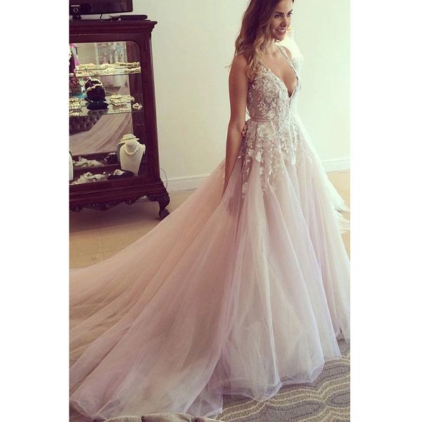 

a-line wedding dresses v-neck open back appliques lace sleeveless long bridal gown vestido de noiva, White