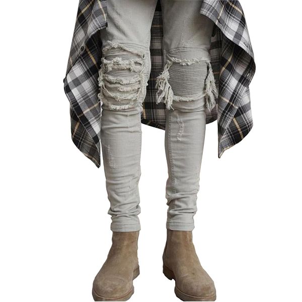 

skinny jeans men ripped white black slim stretch hole distressed mens biker jeans medium wash streetwear hip hop pants jogger, Blue