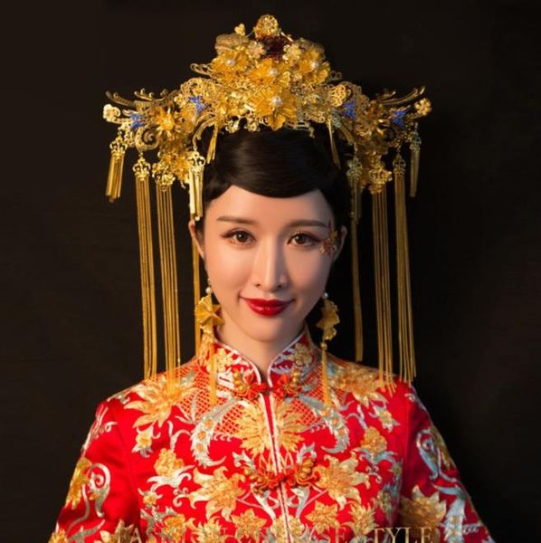 Neue Soo Wo-Brautkopfbedeckung im chinesischen Stil, klassische Phoenix-Krone und Swing-Anzug, Hochzeitskleid, Kostüm und Accessoires, antikes Kostüm.