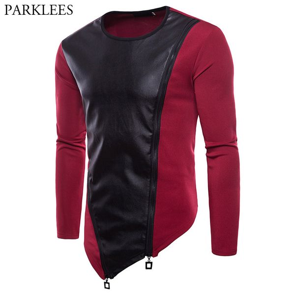 

patchwork leather sweatshirt men 2018 fashion hip hop double zipper sweatshirts men casual streetwear tracksuit pullover male, Black