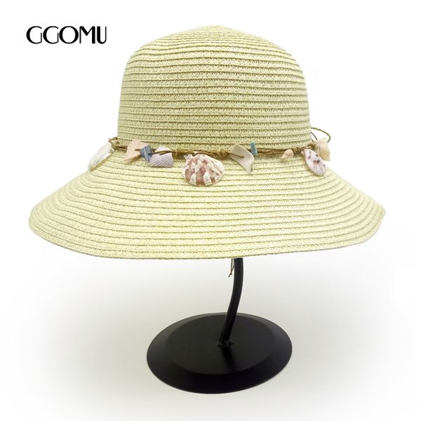 

ggomu fashion summer shell sun hats for women large brim bow straw hat foldable beach hats for vacation chapeu feminino zlh- 075, Blue;gray