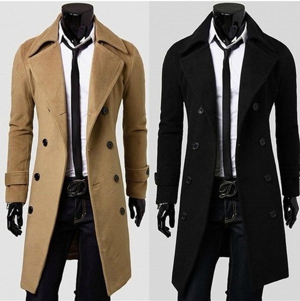 

5625 new fashion m-xxxl autumn &winter men clothing improved thickening blends coat wool trench coat men's long overcoat, Black