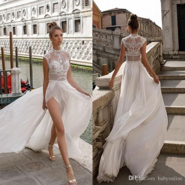 

high split wedding dresses for summer beach boho deep v neck illusion lace applique bridal gowns robe de mariée custom made, White